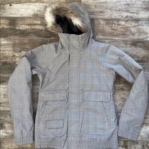 Burton Dry Ride Snowboard Jacket Faux Fur Hood black red plaid Print Small